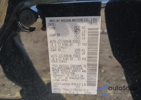 2016 Nissan Rogue Sl z USA, uszkodzony, nr VIN 5N1AT2MV0GC891618